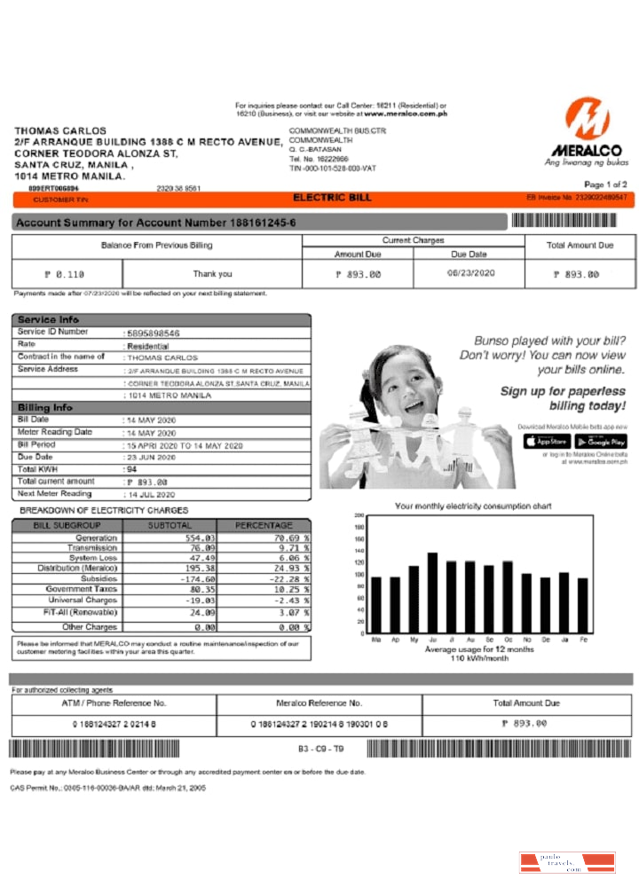Philippines Meralco electricity utility bill template, fully editable in PSD format